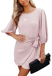 Damen Casual Chiffon Kleid MiniKleid 3/4 Ärmel Rundhals Elegant Sommerkleid Strandkleider A-Linie Freizeitkleid Cocktailkleid (Rosa, M)