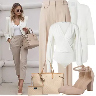 Šik Outfit sa Pink/Bež/Smeđa Udobna pumpa/Sandalice s blok petom/Vintage Pumpa/cipela s remenom/Cipela Mary Jane/Salonka & Visoki Pet/Platformska Pumpa/Pumpica S Visokim Prednjim Dijelom About You "Proljetni Outfit"Look: Elegantan, Prekrasan, Old Money, cool, Šik, Burleska