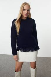 Navy Blue Soft Textured Tassel Detailed Knitwear Sweater