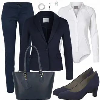 Outfit mit DunkelBlau/HellBlau/Blau Lederjacke/Blazerjacke/Blusenblazer/Boyfriend Blazer/Lässiger Blazer/Baumwoll ­Blazer/Eleganter Blazer/Strick­blazer/Kurzblazer/Sweatblazer/Lederjacke für Männer/Lederjacke VERO MODA "BusinessInBlue"