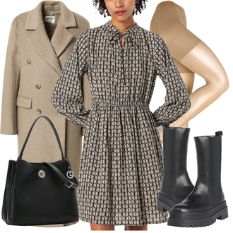 Button Down Outfit mit Grau/Braun/Grün/Beige Kleid Große Größe/Tunika/BlusenKleid/HerbstKleid/Langärmliges Kleid/Langärmliges WinterKleid/Bedrucktes Kleid/HemdKleid/Gesmoktes Kleid/Tweed Kleid About You "Tolle Kombination mit Kleid und Stiefel"