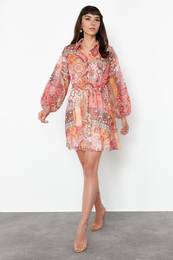 Orange Flower Patterned Waist Open Shirt Collar Mini Lined Chiffon Woven Dress