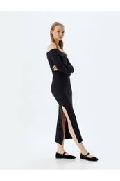 Midi Dress Ribbed Boat Neck Slit Detail Slim Fit Long Sleeve