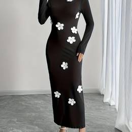 Elegant Floral High Neck Bodycon Dress For Women, 95% Polyester 5% Elastane, Knit Fabric, 230g/m², Solid Color, Fall/winter Collection