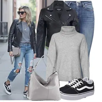 Classic Outfit mit Schwarz/Dunkelblau Vintage Lederjacke/Motorradjacke/KunstLederjacke/Bikerjacke Infinity Leather "Stylisches Outfit für den Frühling"Look: Classic, Rad, Metal, Egirl, Rock N Roll, Sportlich, Trendige, 80er