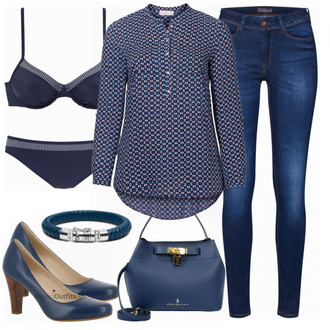 Outfit mit Dunkelblau/Blau/Hellblau Lederjacke/Low Waist Jean/Push up Jeans/Schlupfjeans/Leder Schuhe/Thermojeans/Herren Lederjacke/Winterjacke Ichi "Sheego Casual Tunika"
