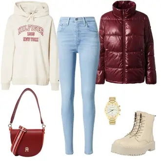 90er Outfit mit Hellblau Jeans Leggings/Jeggings/Skinny Hose/High Waist Jeans/Jeans mit Schlitz/Push up Jeans/Lederjacke/Leder Schuhe/Winterjacke levi's ® "Deep Red Casuallook"Look: Uni, 90er, Coole, Schön, Nahtlos