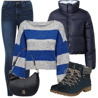 Outfit sa TamnoPlava/SvjetloPlava/Plava Čizmica Gležnjača na Vezanje/Zimska cipela/Zimska Čizma/Zimska gležnjača/Podstavljena Gležnjača/Cipela za Trekking Rieker "Cool zimski outfit"