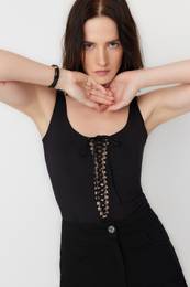 X Sagaza Studio Black Lace-Up Detailed Printed Bodysuit