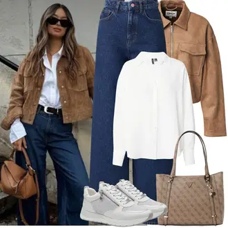 Nabori Outfit sa Bijela/Krem Bodija Bluze/Bluza s zakrpom na laktu/Poslovna Bluza/Bluza Dugih Rukava/Bluza s Podignutim Ovratnikom/Oversize Bluza/Slip-on Bluza/Oversize Mušlinova Bluzica/Bluza s gumbom/Crash bluza/Bluza koja se ne pegla VERO MODA "Proljetni Outfit"