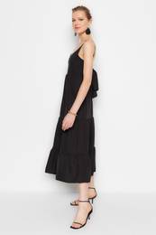 Black Skirt Flounced Back Tie Detail Strap Maxi Woven Dress