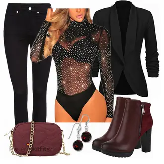 Wetlook Outfit mit Schwarz/Orange Crash­Bluse/Verspielte Bluse/Transparente Bluse/Blusenbody SEBOWEL "Only jeans"Look: Glamourös, Wetlook, Sexy, Disco