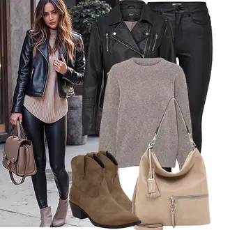 Mit Absatz Outfit mit Braun/Grau/Beige CowboyStiefel/Western Stiefelette Palado "Toller Look für den Frühling"