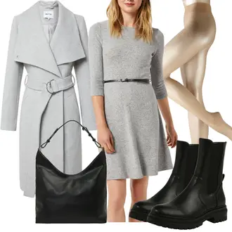 Business Outfits Business, Casual mit Grau/Hellgrau 3/4 Arm Kleid/Kleid mit Gürtel/Blazer Kleid/Business Kleid/Kleid mit Tasche/Fit & Flare Kleid/StrickKleid/SkaterKleid/PulloverKleid/Tweed Kleid/Winter StrickKleid About You "Modisches Winter Outfit"Look: Business, Büro, Overdressed, Uni