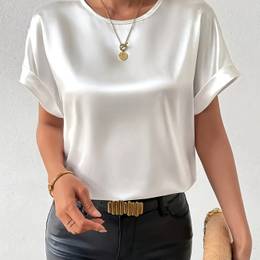 1pc Size Top - Polyester Satin Blouse With Round Neckline, Solid Color, Non-stretch Fabric, Woven Weave For All