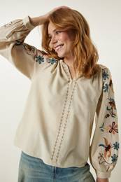 Women's Cream Embroidery Detail Linen Blouse