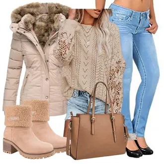 Steppung Outfit mit Beige/Khaki/Braun/Lila Leichter Mantel/Mantel mit Reißverschluss/Steppmantel/Mantel mit Fellkragen/Daunenmantel/Wintermantel xxengfan "Schickes Herbst Outfit"