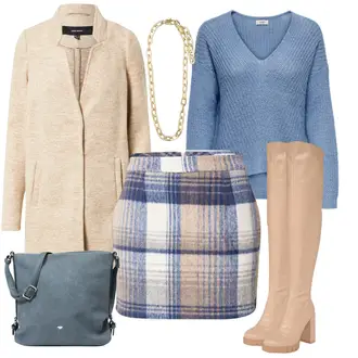Winter Outfit mit Grau/Hellblau/Blau/Dunkelblau/Beige Short Große Größe/60er Jahre Rock/70er Minirock/Boucle Rock/Minirock/Karierter Rock/Tweed Rock/Winterröcke/Woll Rock in the style "Trendiger Winterlook"