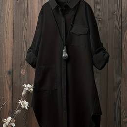 Plus Size Solid Color Pockets Button Front Shirt, Casual Long Sleeve Shirt For Spring & Fall, Women's Plus Size Clothing