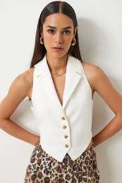 Happiness stanbul Women's White Shawl Collar Woven Vest