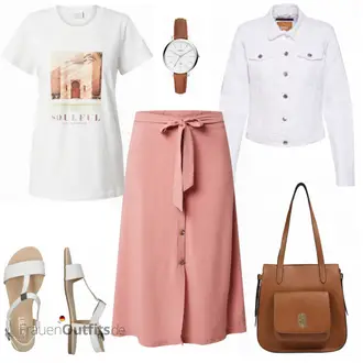 Elegant Outfit mit Rosa Short Große Größe/Kleid Große Größe/60er Jahre Rock/A-Linien-Rock/Wadenlanger Rock/Ausgestellter Rock/Knielanger Rock/Midirock/Moderne Rock/Standesamt Rock About You "Schöner Sommerlook"Look: A-linie, Uni, Fließende, Babydoll, Business, Elegant, Mom, Old Money, Overdressed, Trachten, 70er, Classic, 60er