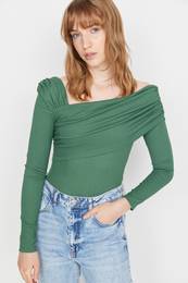 Emerald Green Asymmetric Collar Draped Fitted/Situated Crepe Knitted Bodysuit