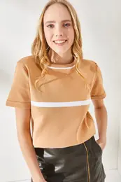 Women's Beige Striped Crew Neck Knitwear Blouse
