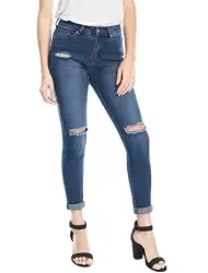 Allegra K Damen Mittel Aufstieg Strecken zerrissene Skinny Jeans Blau XS(EU 34)