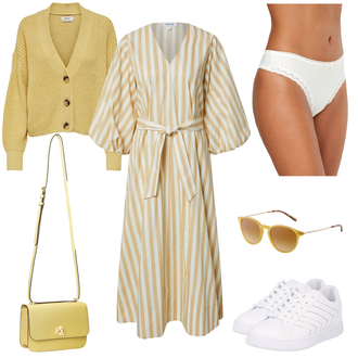 Gestreift Outfit mit Beige/Gelb Kleid mit Gürtel/Französisches Kleid/Nicki Kleid/Übergroßes Kleid/Standesamt Kleid/Gesmoktes Kleid/Sommerkleid/Wickelkleid Edited "Streifen Sommeroutfit"