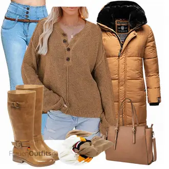 Steppung Outfit mit Braun/Beige Langer Wintermantel/Steppmantel/Wintermantel/Daunenmantel/Langer Daunenmantel MARIKOO "Trendiges Herbst Outfit"