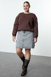 Curve Brown Fleece Inside Crew Neck Washable Knitted Plus Size Sweatshirt