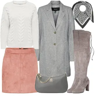 Outfit mit Grau/Hellgrau/Braun/Beige Overknee Stiefel/High Heels Stiefel/Kniehoher Stiefel/Leder Overknee Stiefel/Langer Stiefel/Spitzer Stiefel/Stiefel Mit Reißverschluss About You "Elegantes Herbst Outfit"
