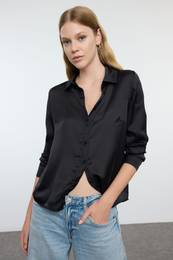 Black Satin Fabric Regular Regular Pattern Woven Shirt
