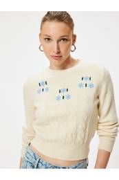 Long Sleeve Soft Textured Floral Knitwear Sweater
