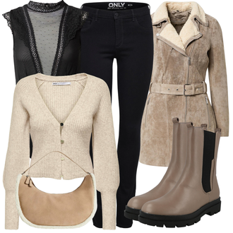 Outfit sa Bež/Kaki/Smeđa/Bijela Pleteni Kaput/Kardigan na podstavu/Boucle kardigan/vintage kardigan/Kostim za kardigan/Kardigan s V izrezom/Kratki kardigan/Vuneni kardigan/Kardigan od kašmira Only "Moderan zimski outfit"