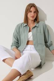 Happiness stanbul Women's Almond Green Oversize Linen Ayrobin Shirt
