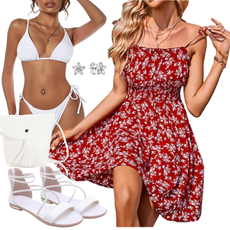 Outfit mit Weiß/Creme Spangenschuh/T-Strap-Sandale/Brautschuh Flach/RiemchenBallerina/Sommer Schuh/Riemchen Sandale/Römer Sandale amropi "Strand Outfit"