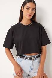 Happiness stanbul Women's Black 100% Cotton Oversize Crop Knitted T-Shirt
