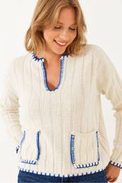 Women's V-Neck Shepherd Stitched Embroidered Detailed Pocket Knitwear Sweater