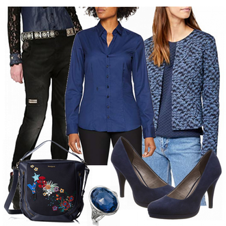 Outfit mit Dunkelblau Bluse Mit Ellen­bogen-patch/LangarmBluse/Bluse Mit Knopf/Bluse mit Stehkragen/Bügelfreie Bluse/Slim Fit Bluse/Business Bluse Seidensticker "Tamaris"