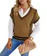 Uusollecy Damen Pullunder, Strick Ärmellos V-Ausschnitt Strickweste, Einfarbig Strickpullover Vest, Retro Herbst Winter Gestrickt Pullover Tank Top Oberteil Hellbraun M