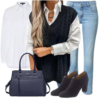 Jeans Outfit mit Weiß LongBluse/LangarmBluse more&more "Modischer Look für den Herbst"