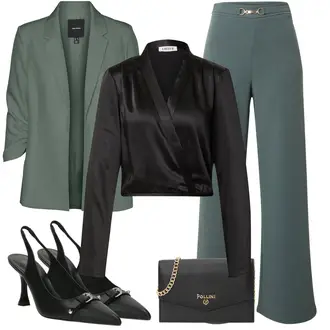 Wetlook Outfit mit Schwarz/Grau/Braun WickelBluse/SatinBluse Edited "Eleganter Look"Look: Stil, Uni, Coole, Disco, Büro, Old Money, Wetlook