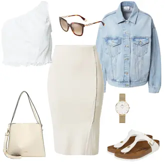 Off Shoulder Outfit mit Weiß Partytop/Cropped Tank Top/Crop Top Spitze/Crop Top/Kurzes Oberteil/Ärmelloses Shirt/Herrenschuhe weekday "Edler Frühlingslook"