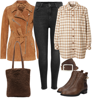 Mit Gürtel Outfit mit Braun/DunkelBraun/Beige Klassischer Stiefel/Cowboystiefel/Gefütterte Stiefelette/Vintage Stiefel/Rahmengenähter Schuh/Leder Stiefelette/Lederjacke/Vintage Stiefelette/Reitstiefel/Chelsea Boot About You "Winterliche Stimmung"