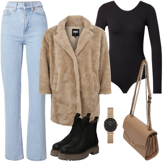 Outfit mit Braun/Beige/Grau Lamahaar-Mantel/Pelzmantel/Teddy Mantel Urban Classics "Kuscheliger Freizeitlook"