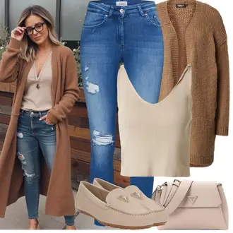 Koncer Outfit sa Plava Hlača Velika Veličina/Tajice Velika Veličina Only, Bež/Kaki/Smeđa Majica I Top Veći Broj/Pletivo Veći Broj about you x toni garrn "Proljetni Outfit"Look: Koncer, Škola, 18. rođendan, dan na plaži
