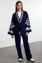 Navy Blue Double Breasted Belted Embroidered Knitwear Top-Bottom Set