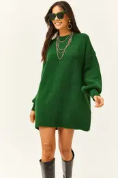 Women's Grass Green Crew Neck Balloon Sleeve Soft Textured Knitwear Tunic Dress