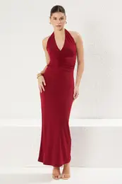 Burgundy V Neck Gathered/Drape Detailed Bodycone/Body Fitted Stretchy Maxi Knit Dress